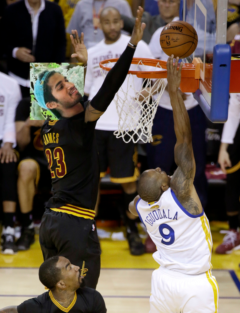 Giri Nathan blocks Andre Iguodala in the NBA Finals.